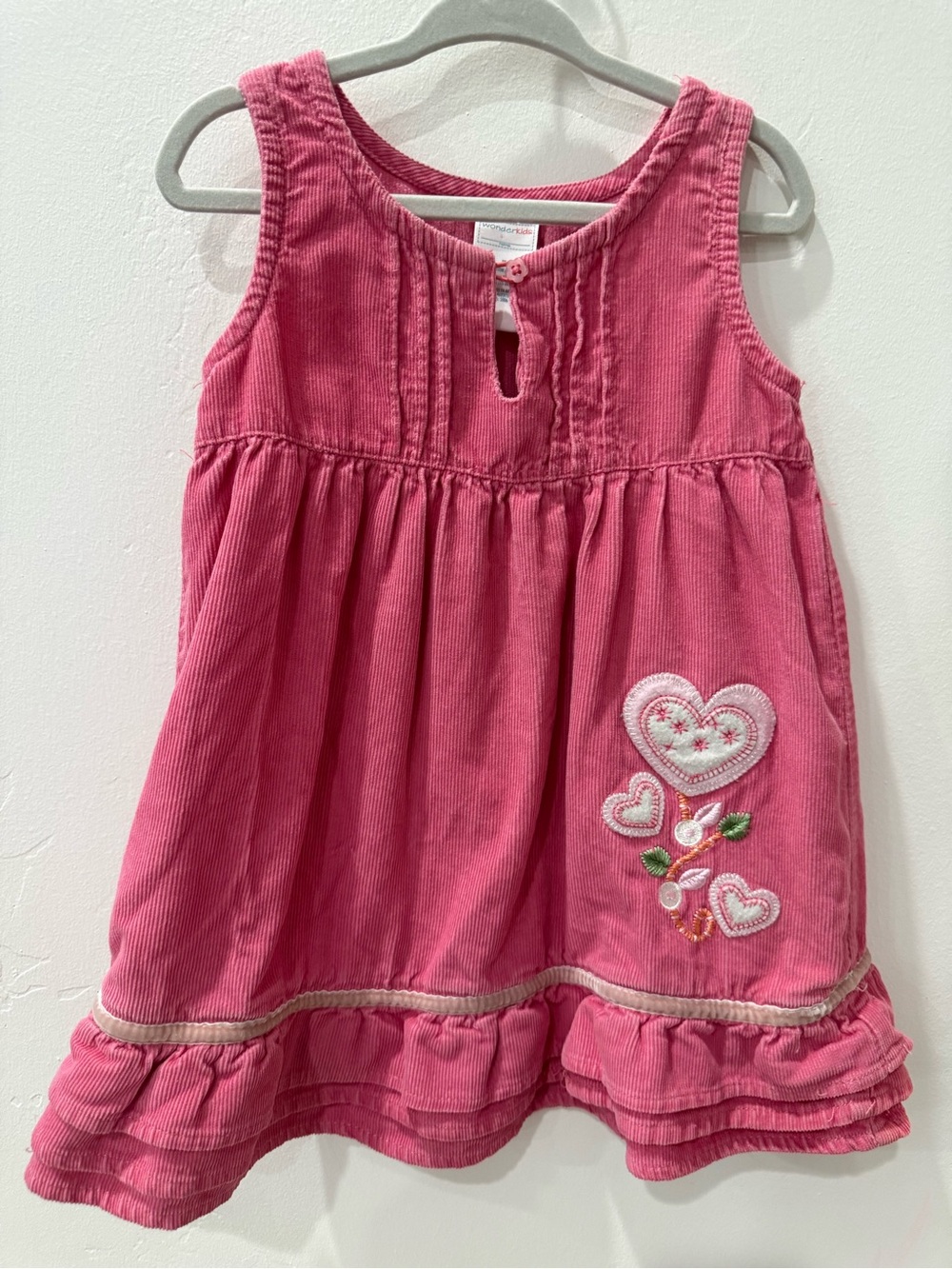 Wonderkids Pink Corduroy Heart-Embroidered Sleeveless Dress